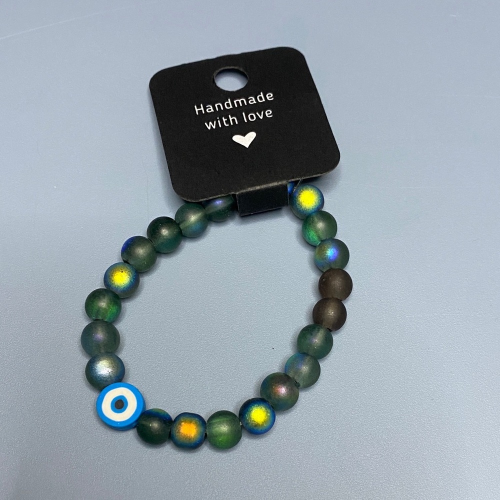 Handmade Beaded Bracelet with Evil Eye Charm - Blue and Yellow